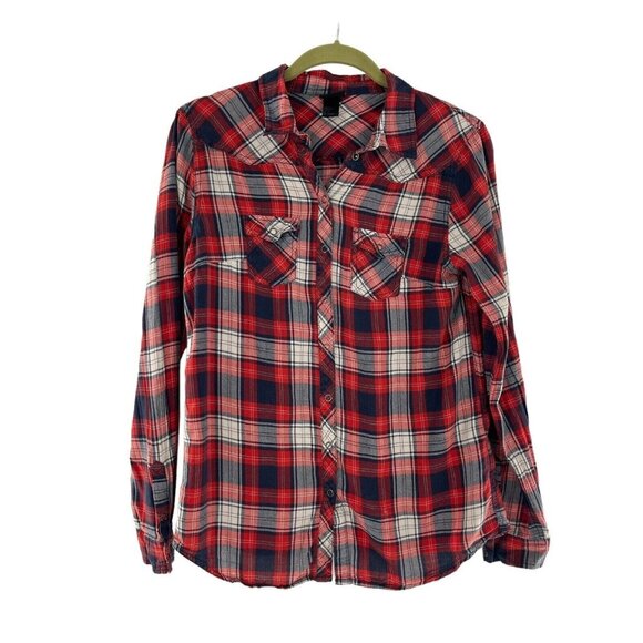 H&M Tops - H&M Womens Red Navy Plaid Button-Up Long Sleeve Shirt Western 8 Cowboy Blouse